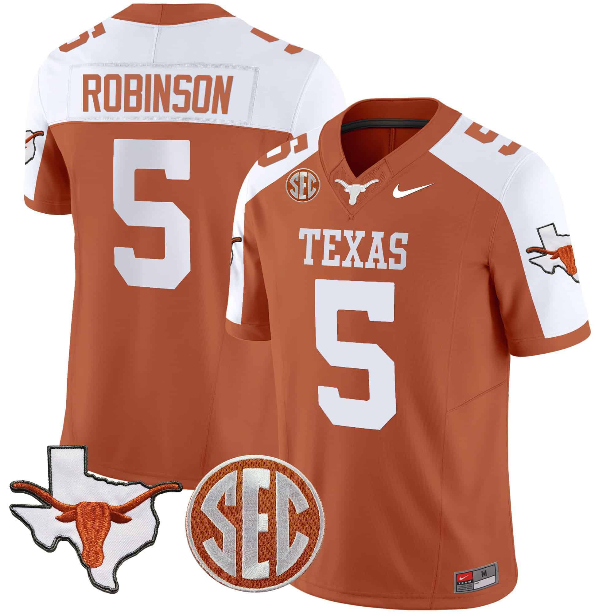 Men Texas Longhorns #5 Robinson Orange 2024 Nike State Map & SEC Patch Vapor NCAA Jersey